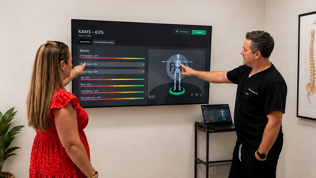 Dr. Lovelace reviewing Kinetisense 3D movement assessment results with a patient