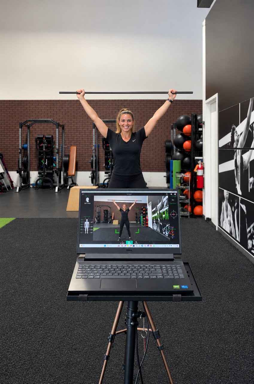 Laptop displaying Kinetisense 3D movement assessment data during a team screening